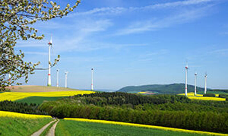 "Ein weites grünes Grasfeld unter blauem Himmel mit weißen Wolken. Im Hintergrund stehen mehrere weiße Windkraftanlagen, die saubere Energie erzeugen."